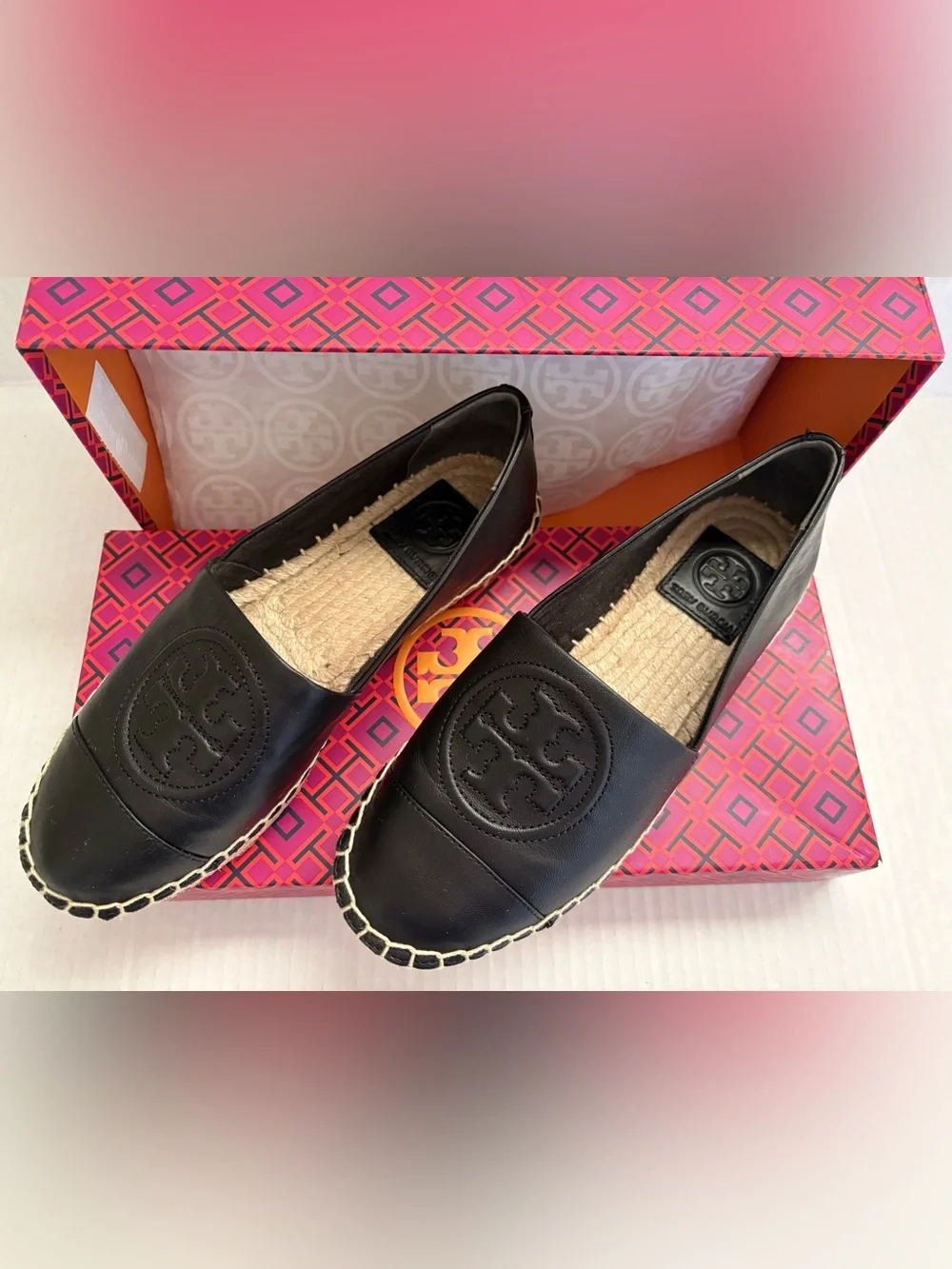 Tory Burch Benton Black Leather Espadrille Slip-Ons with Logo Medallion Size 5